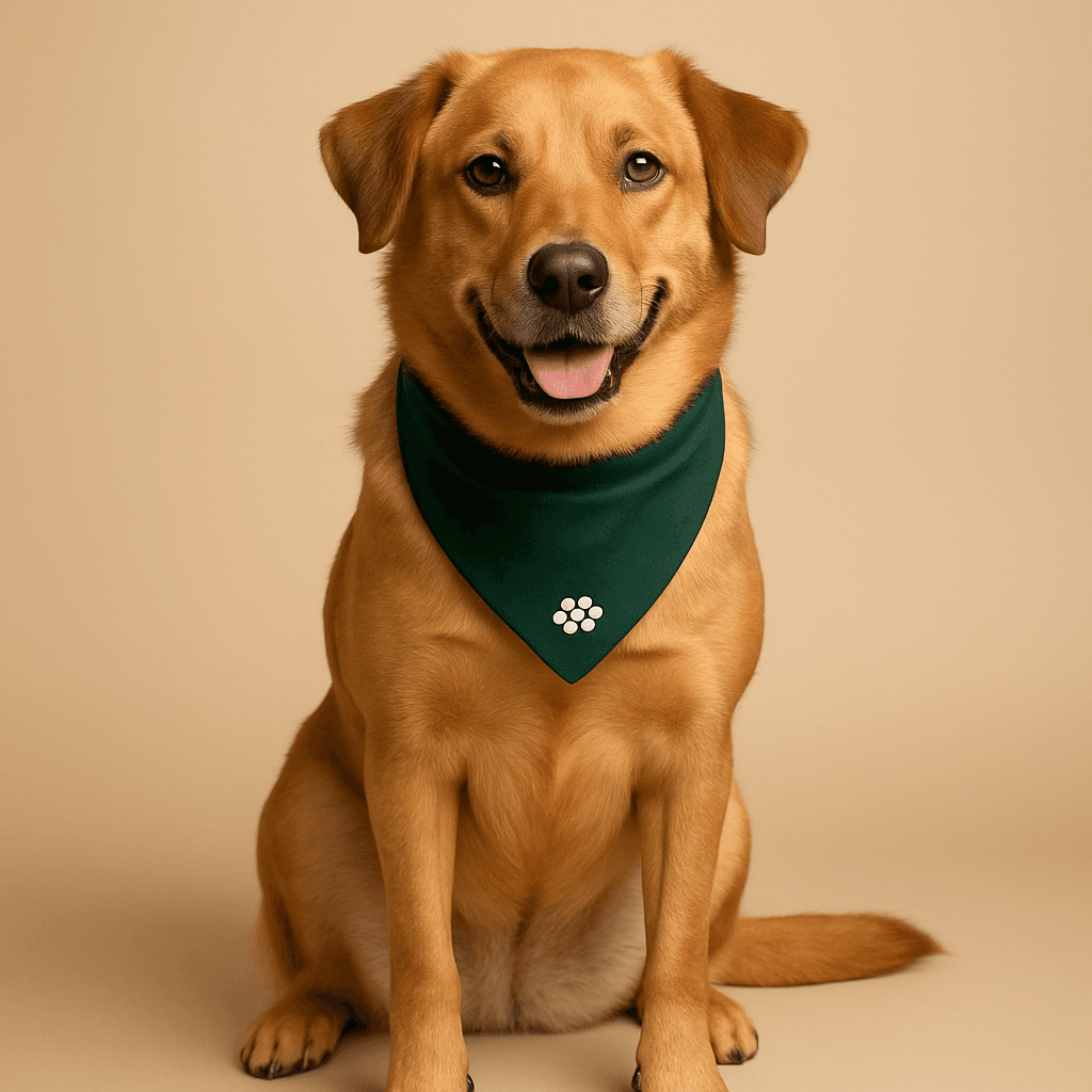Caju, the caramel-colored companion dog wearing a green bandana